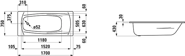 Einbau-Badewanne PALLADIUM 750x1700x430 aus Stahl inklusive Schallschutz weiß