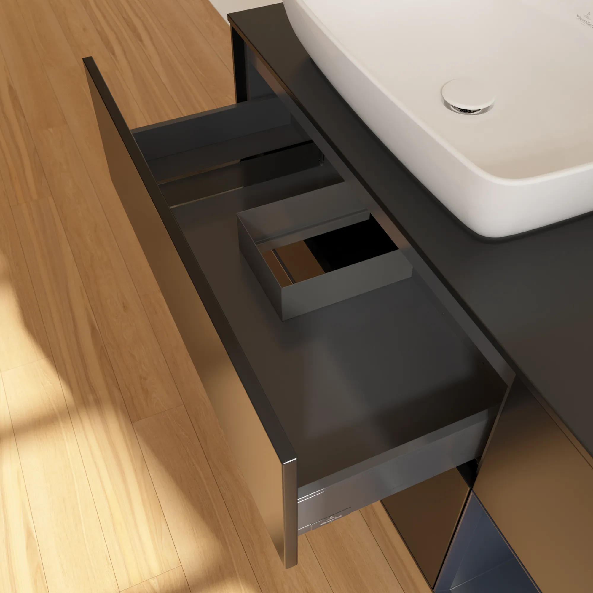 Villeroy & Boch Waschtischunterschrank „Finion“ für Schrankwaschtisch 1200 × 603 × 501 mm Black Matt Lacquer, für Becken links Villeroy & Boch Waschtischunterschrank „Finion“ für Schrankwaschtisch 1200 × 603 × 501 mm Black Matt Lacquer, für Becken links