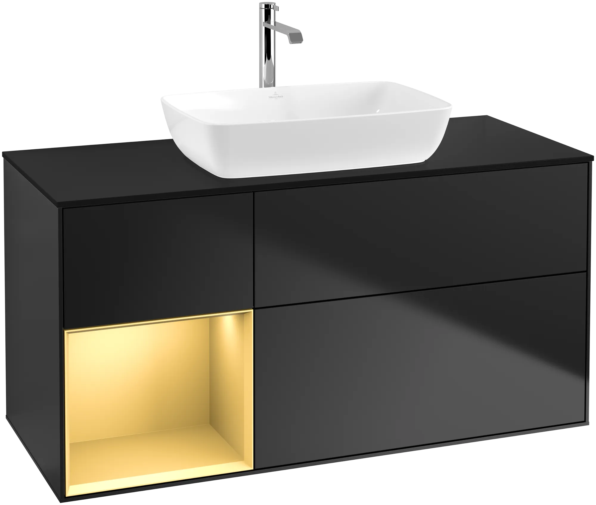Villeroy & Boch Waschbeckenunterschrank Finion G82, 1200x603x501mm, Black Matt Lacquer / Gold Matt Lacquer / Glass Black Matt