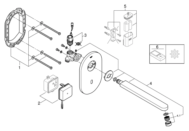 Infrarot-Elektronik für Waschtisch-Wandarmatur Eurosmart CE 36334, ohne Mischung, Fertigmontageset für UP-Einbaukasten 36 336 001/36 337 001, mit Trafo 100-230 V AC, 50-60 Hz, 6 V DC, Ausladung 232 mm, edelstahl