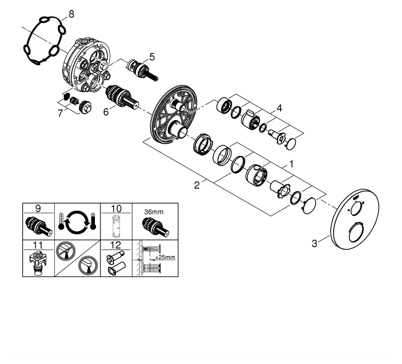 Thermostat-Brausebatterie Grohtherm 24076, mit integrierter 2-Wege-Umstellung, Fertigmontageset für Rapido SmartBox, chrom