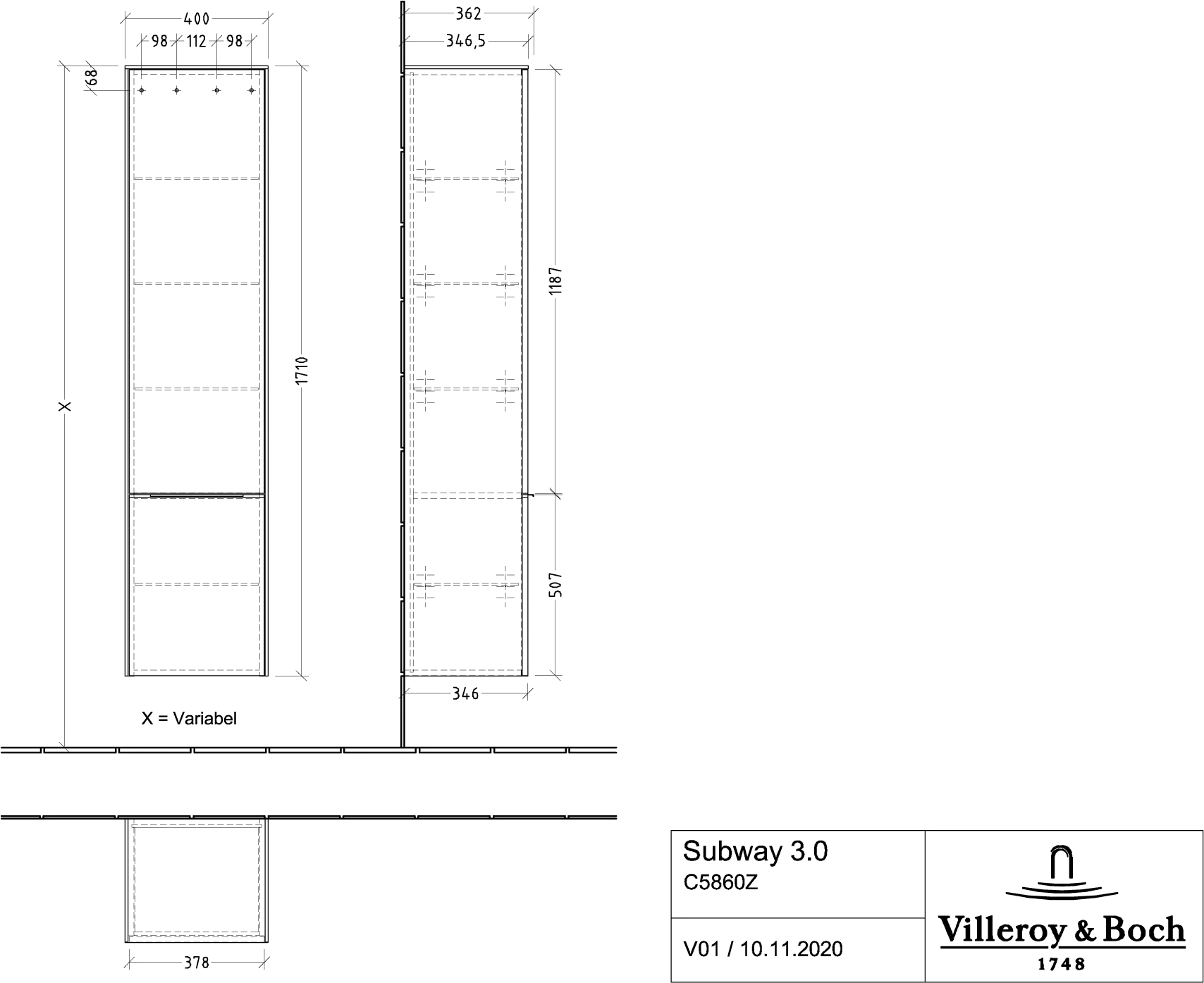 Villeroy & Boch Hochschrank „Subway 3.0“ 40 × 171 × 36,2 × 36,2 cm 2 Türen, 1 × fixer Fachboden, Anschlag: links, 4 × Glasfachboden, 2 Türen, Anschlag links