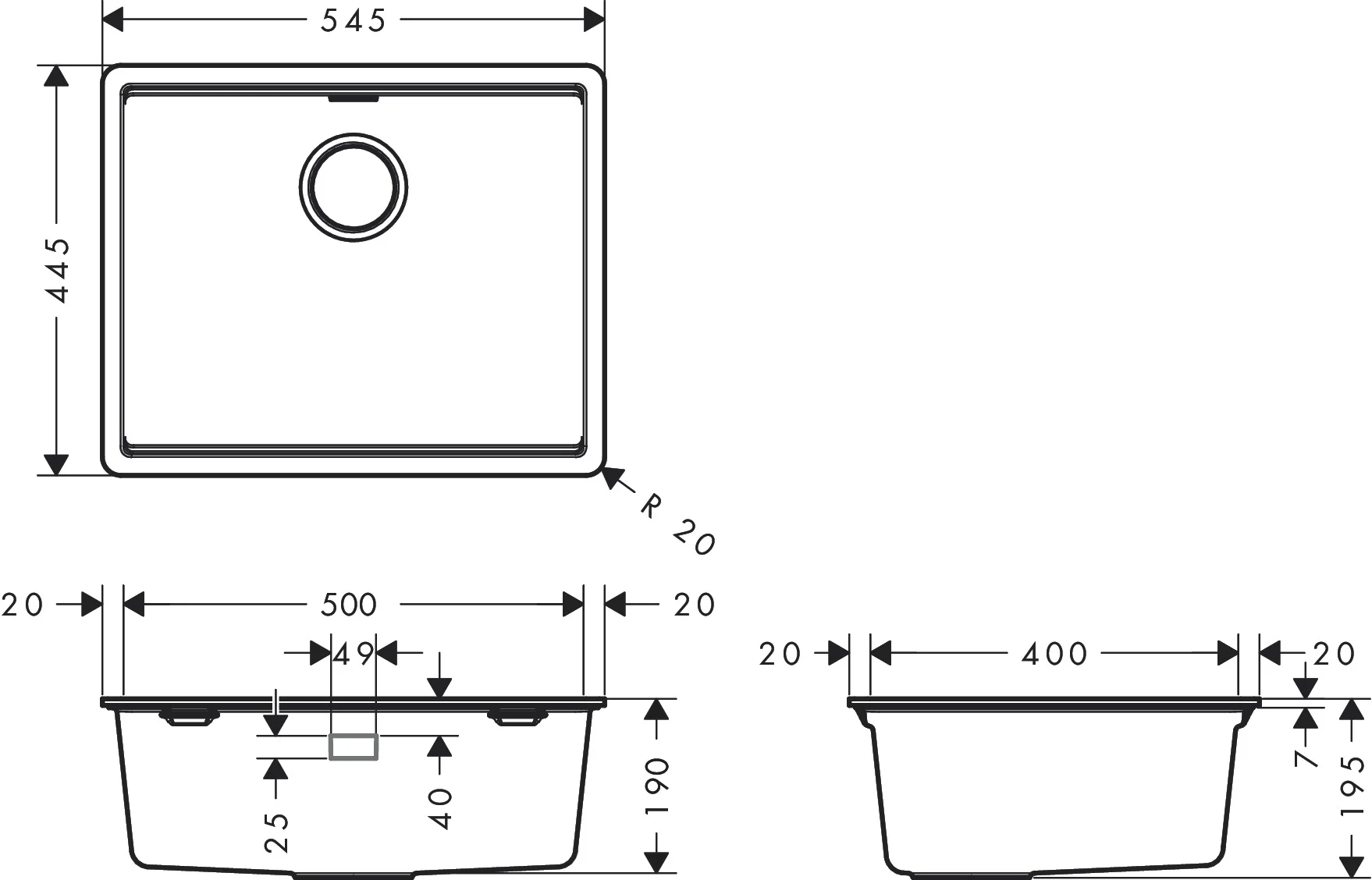 Hansgrohe Einbauspüle S53 Serie 43362XXX, manuelle Ablaufgarnitur Graphitschwarz, Ausschnitt 547 x 447 mm, Beckentiefe 180 mm, flächenbündiger Einbau ohne Hahnloch
