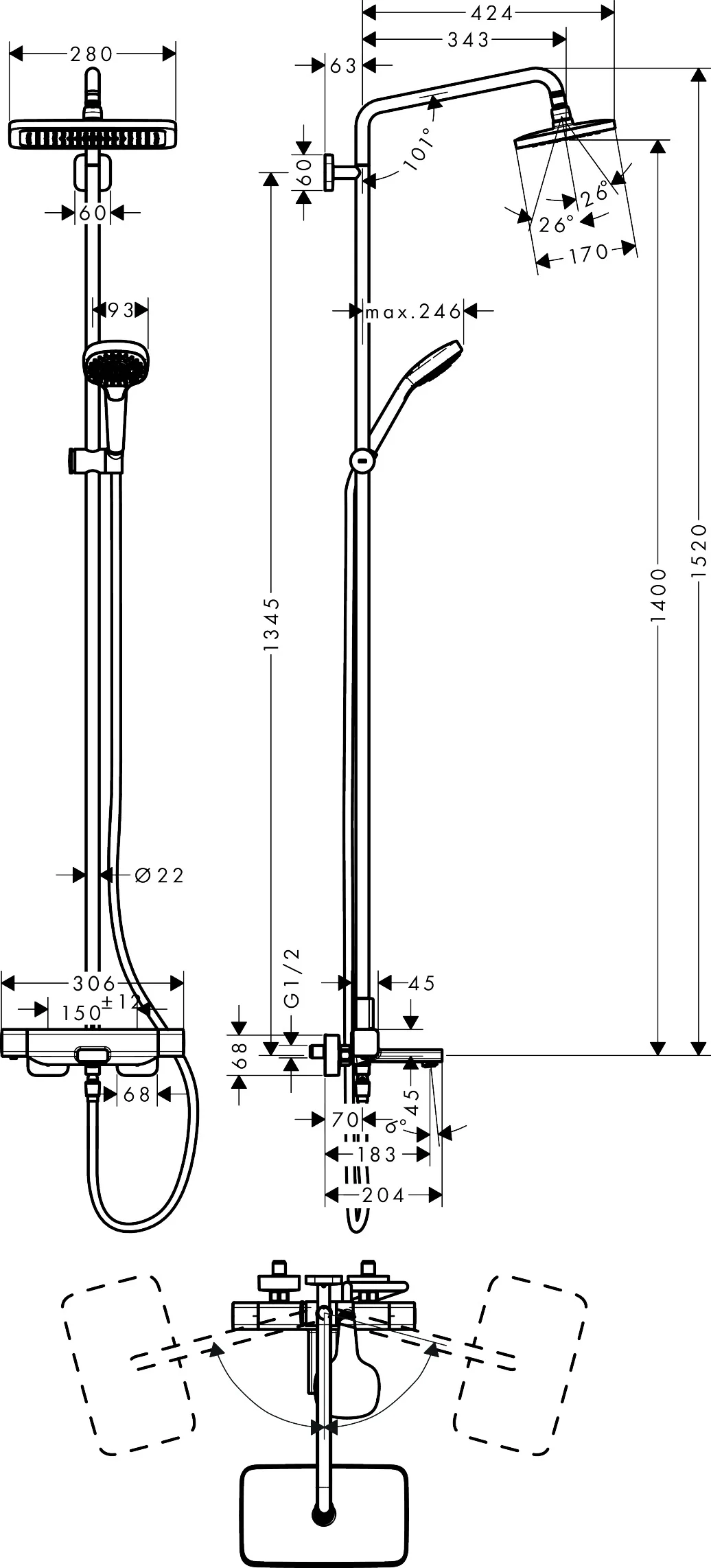 Hansgrohe Croma E Showerpipe 280x170 mm, Chrom, mit Wannenthermostat, RainAir Strahl, 3 Verbraucher