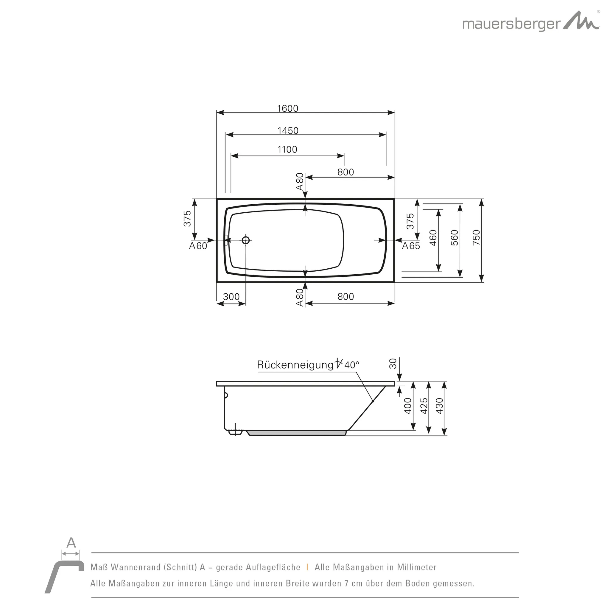 Mauersberger Acryl-Badewanne elisal 160⁄75