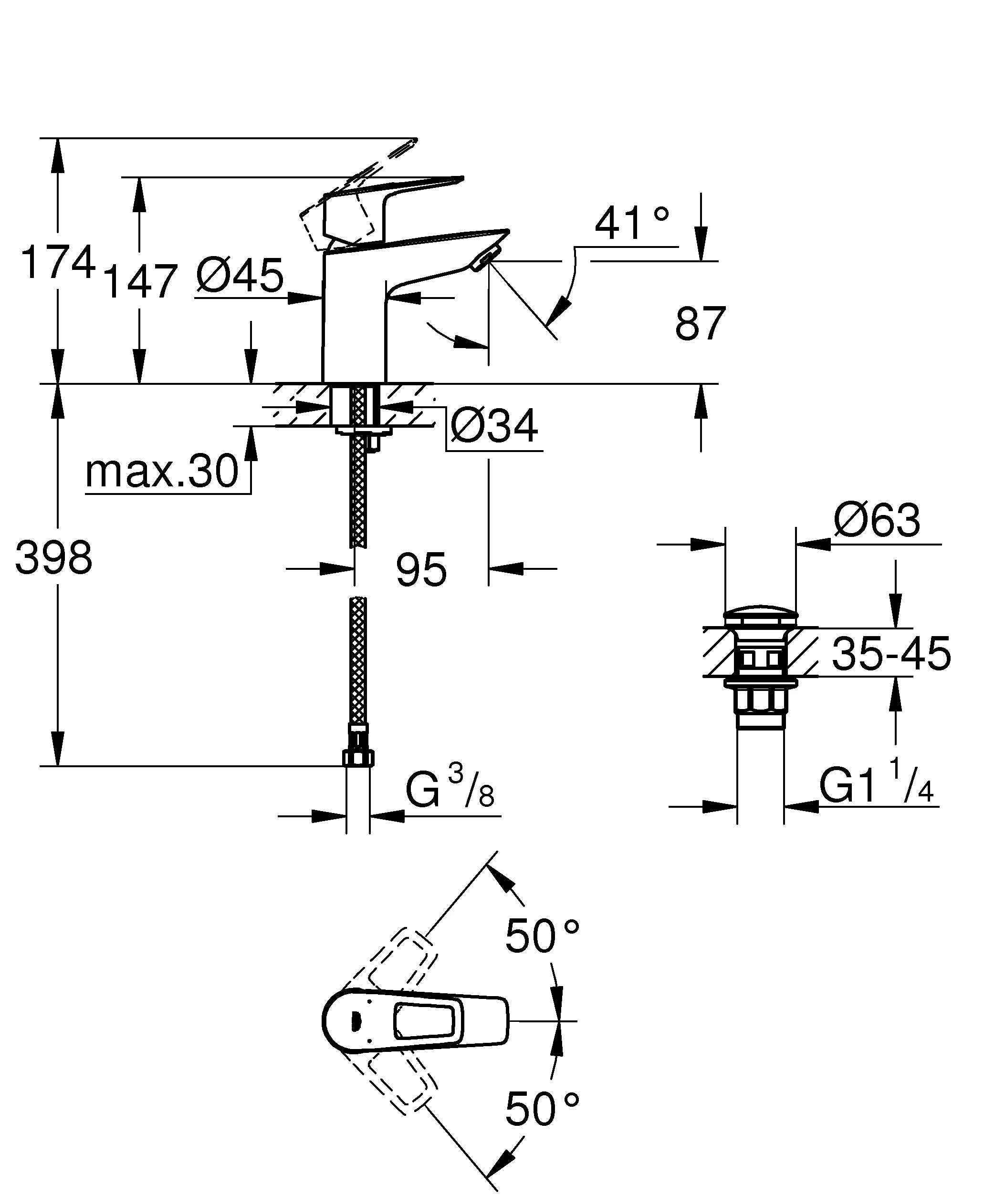 Einhand-Waschtischbatterie BauLoop 23879_1, S-Size, Einlochmontage, mit Temperaturbegrenzer, LowFlow 3,5 l/min Mousseur, glatter Körper, Push-open Ablaufgarnitur aus Kunststoff 1 1/4″, chrom