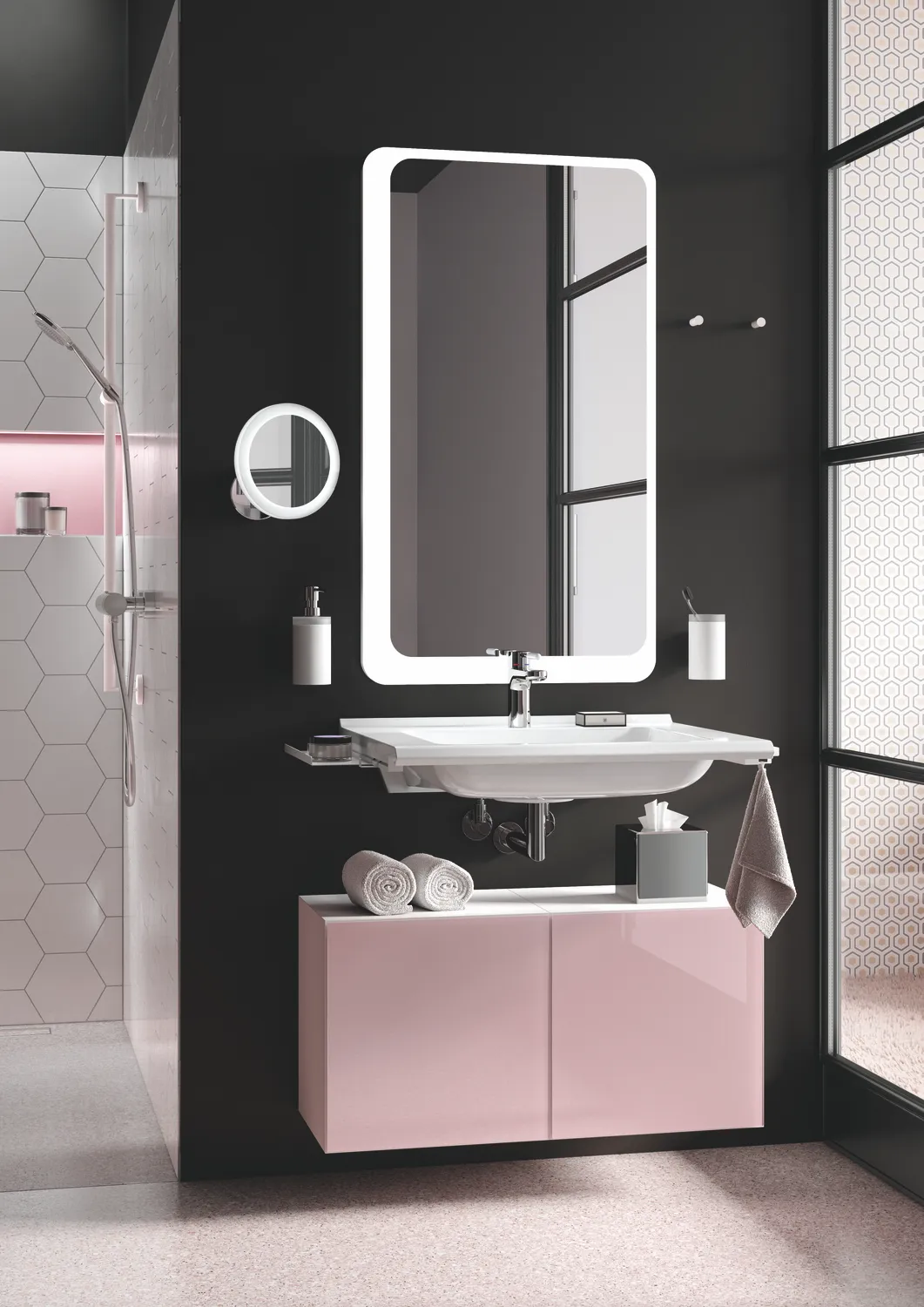 Glasbecher mit Halter, pulverbeschichtet weiß tiefmatt Glasbecher mit Halter, pulverbeschichtet weiß tiefmatt