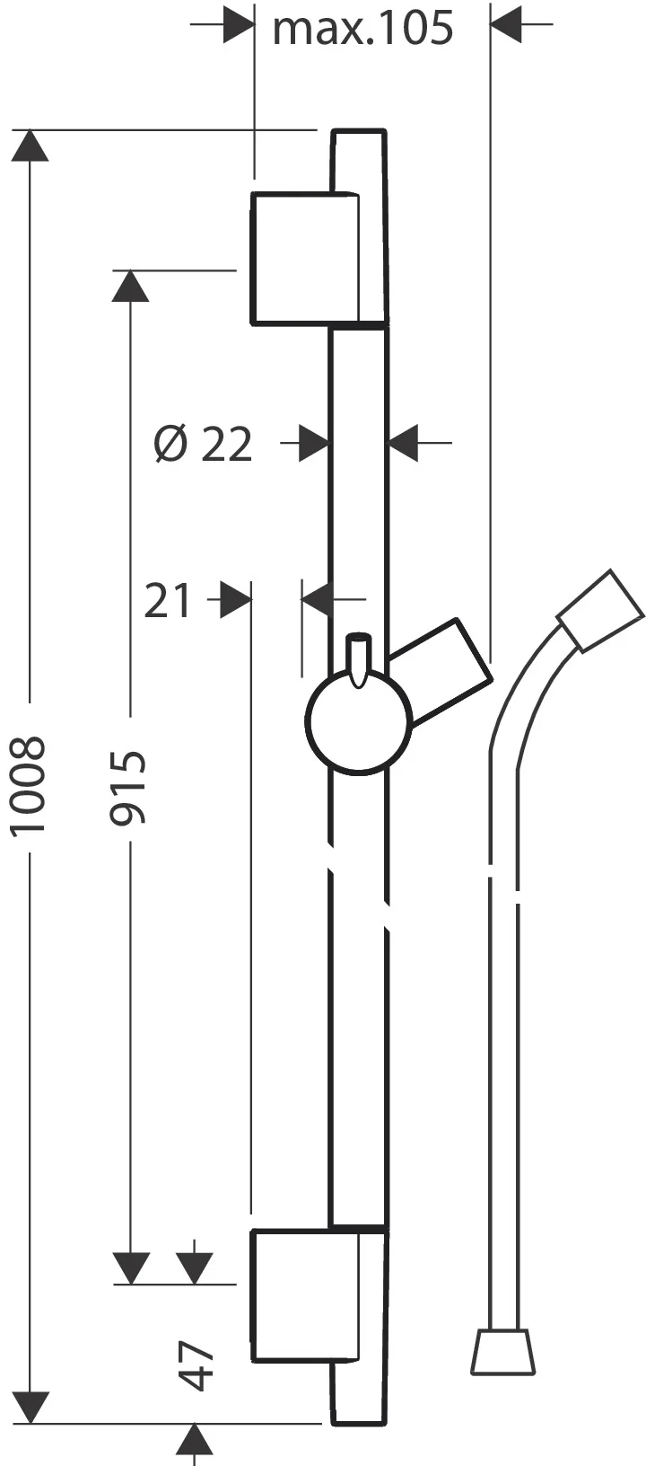 Hansgrohe Unica Brausestange S Puro 90 cm BBC, 1008 mm Gesamtlänge, 22 mm Durchmesser, 160 cm Brauseschlauch, stufenlos verstellbare Handbrausehalterung aus Metall