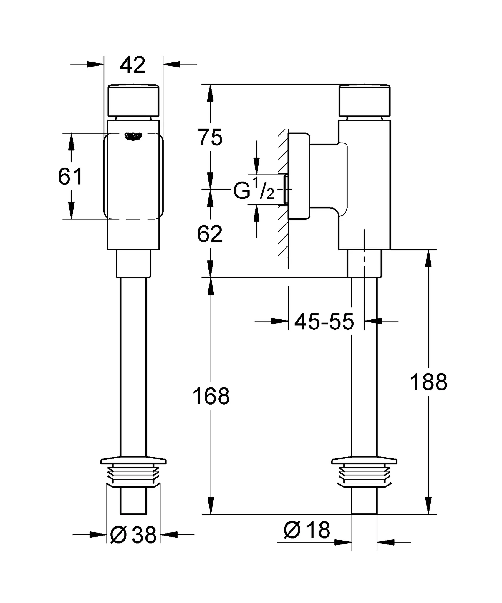 Grohe Rondo Urinal-Druckspüler 37346, DN15, Messing, ohne Vorabsperrung Grohe Rondo Urinal-Druckspüler 37346, DN15, Messing, ohne Vorabsperrung