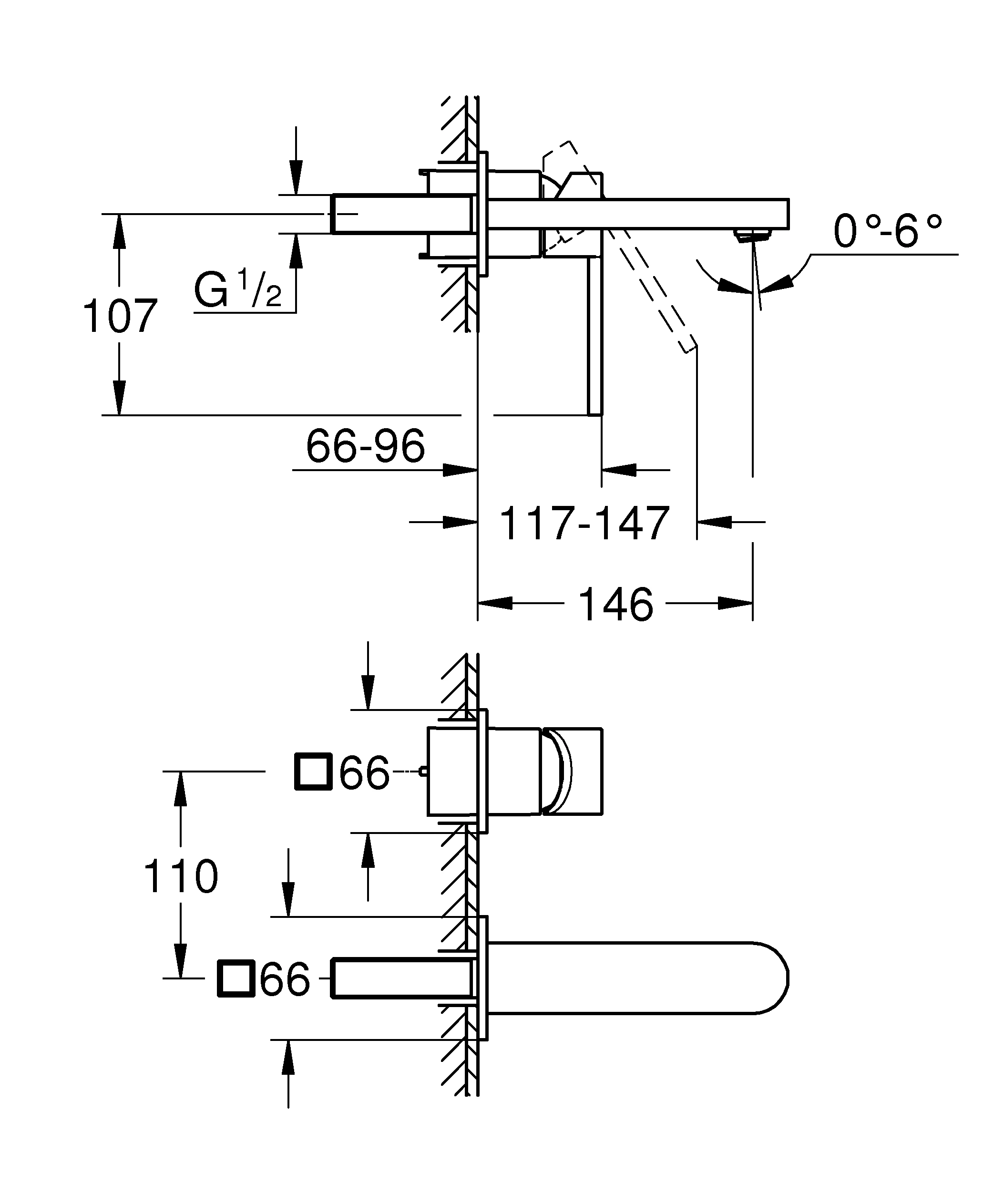 2-Loch-Waschtischbatterie Plus 29303_3, Wandmontage, Fertigmontageset für 23200, Ausladung 147 mm, chrom