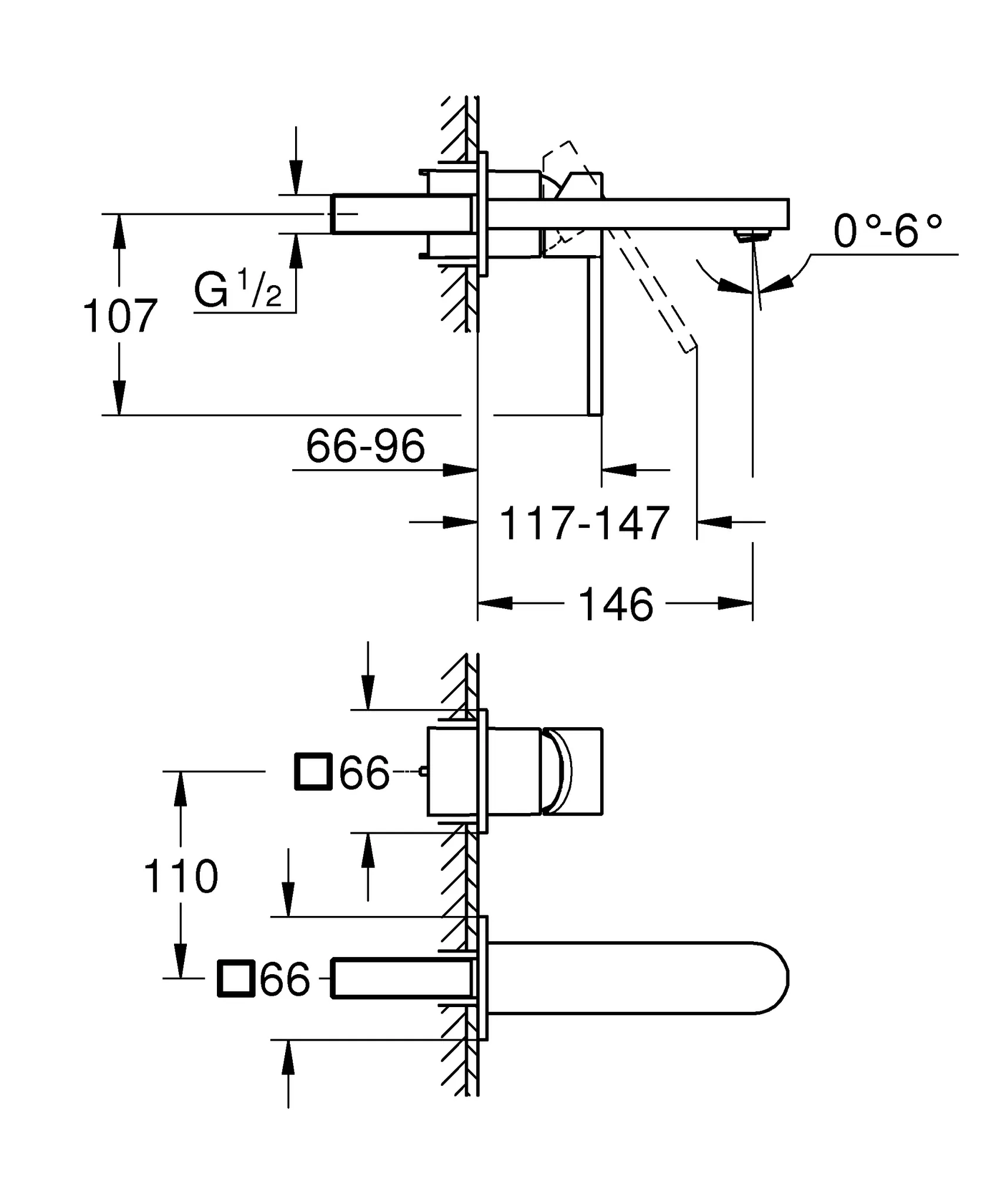 2-Loch-Waschtischbatterie Plus 29303_3, Wandmontage, Fertigmontageset für 23200, Ausladung 147 mm, chrom 2-Loch-Waschtischbatterie Plus 29303_3, Wandmontage, Fertigmontageset für 23200, Ausladung 147 mm, chrom