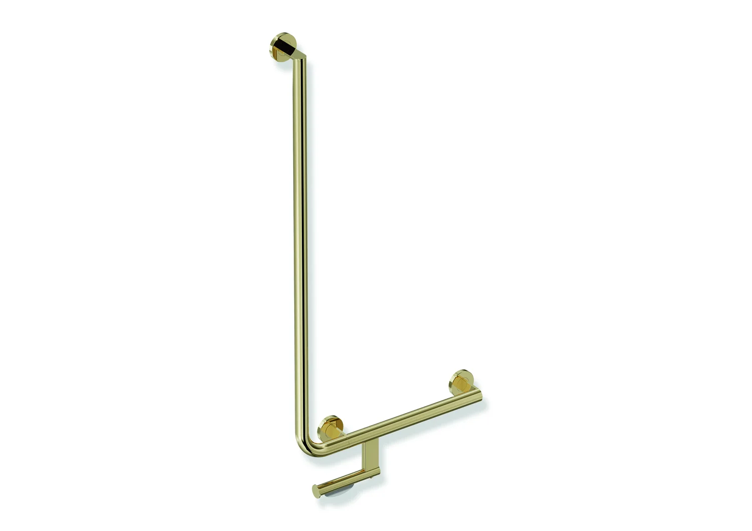 HEWI Winkelgriff mit WC-Papierrollenhalter, System 900, Edelstahl, PVD, waagerechte Länge 500 mm, senkrechte Länge 1000 mm, D: 32 mm, Ausführung rechts, HEWI Farbe CK (Messing glänzend)