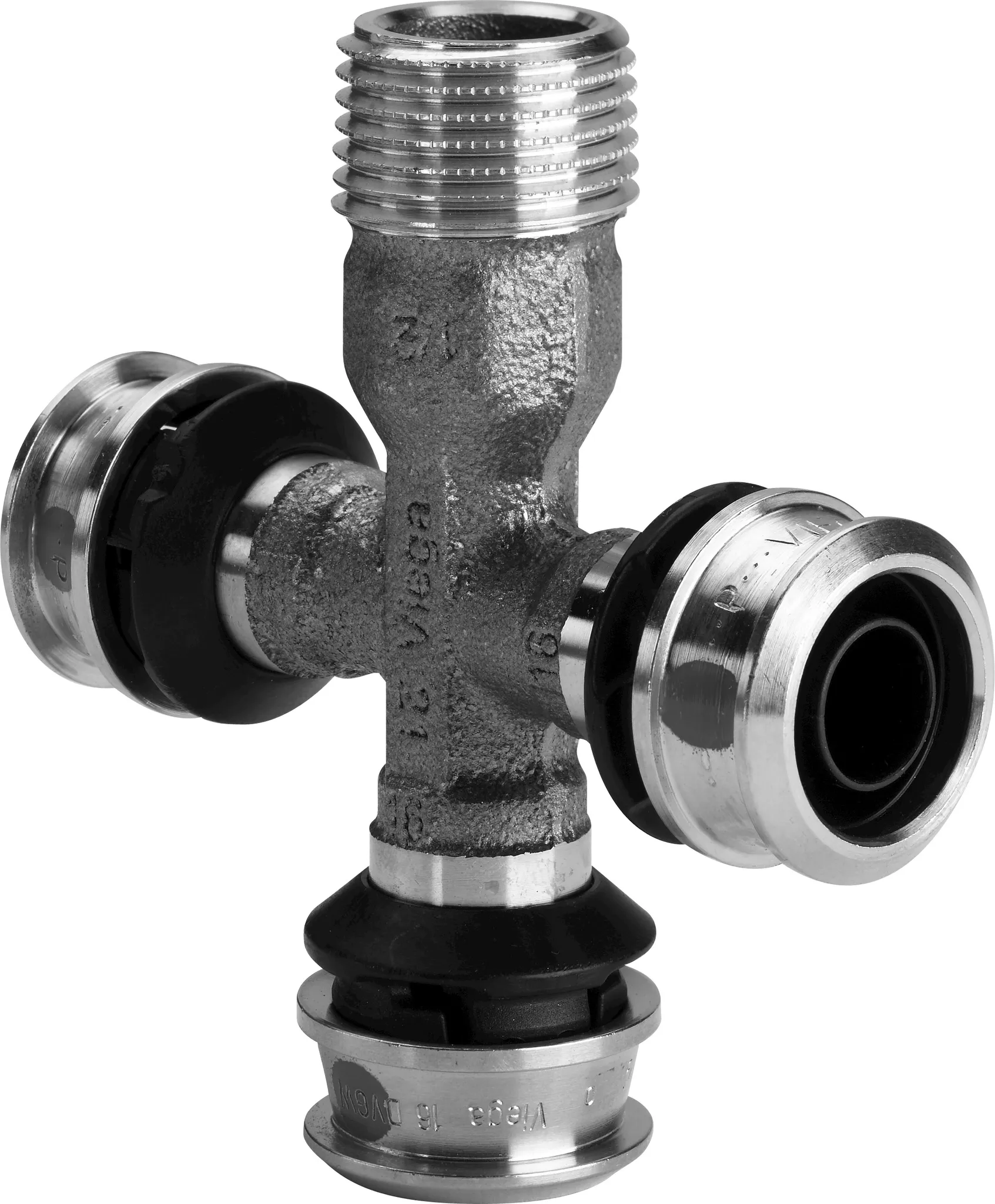 Viega „Raxofix“ Kreuzstück mit 3 gleichen Muffen und Außengewinde 16 mm × 1/2″ Viega „Raxofix“ Kreuzstück mit 3 gleichen Muffen und Außengewinde 16 mm × 1/2″