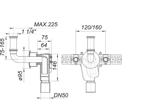 Wandeinbau-Siphon 310 CR, 1 1/4″ x DN 50 Wandeinbau-Siphon 310 CR, 1 1/4″ x DN 50