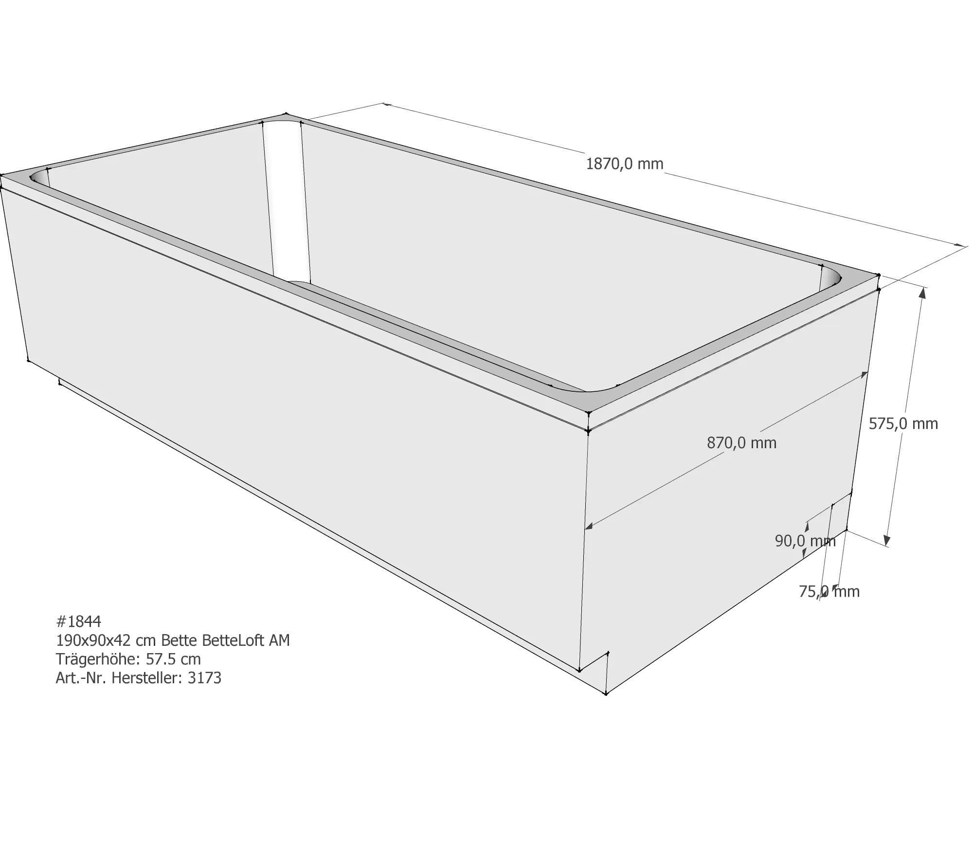 Badewannenträger für Bette Loft 190 × 90 × 42 cm Breite: 90 cm / Länge: 190 cm