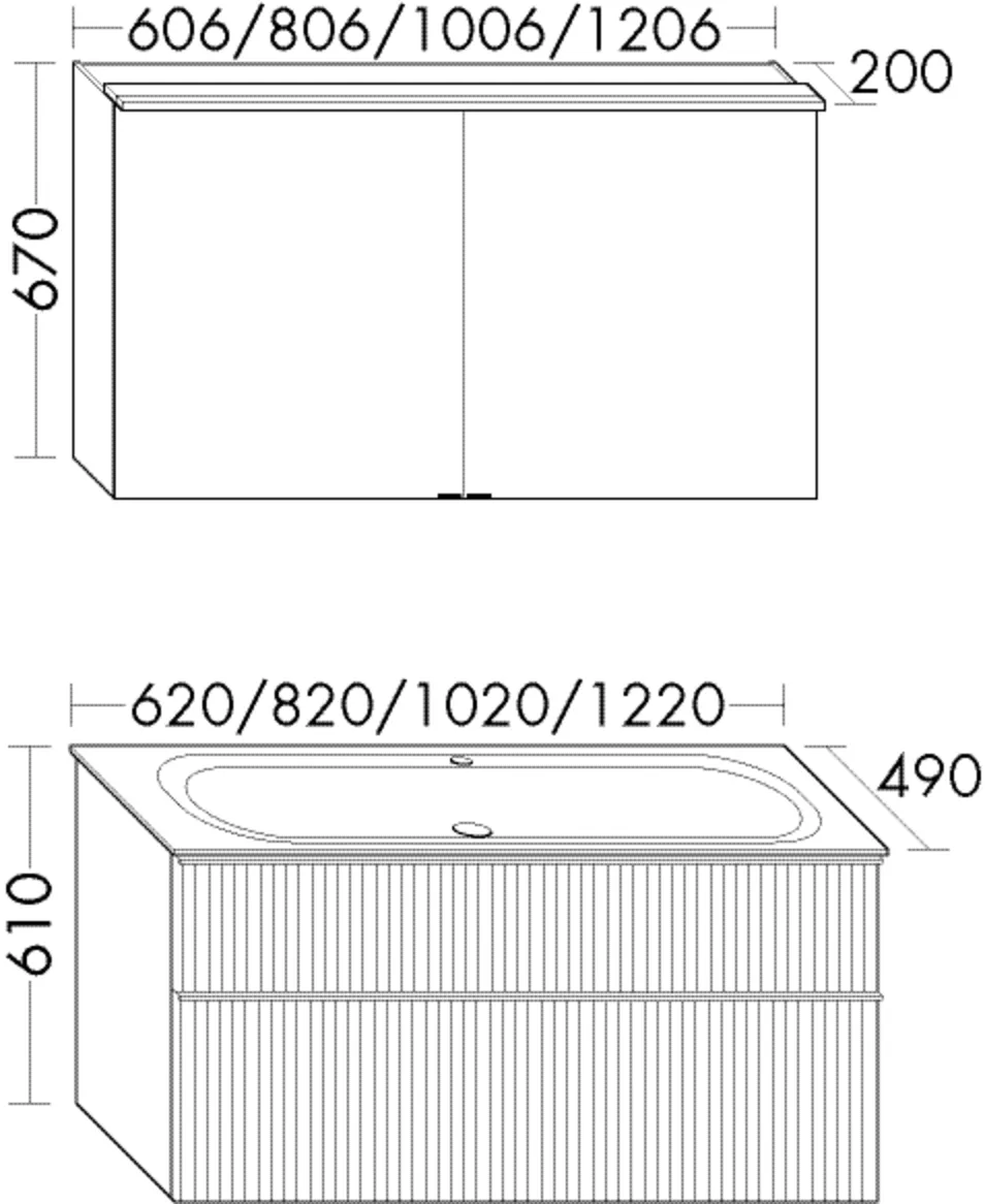Set, Spiegelschrank;Mineralguss-Waschtisch inkl. Waschtischunterschrank, Tiefe: 490 mm, Breite: 620 mm