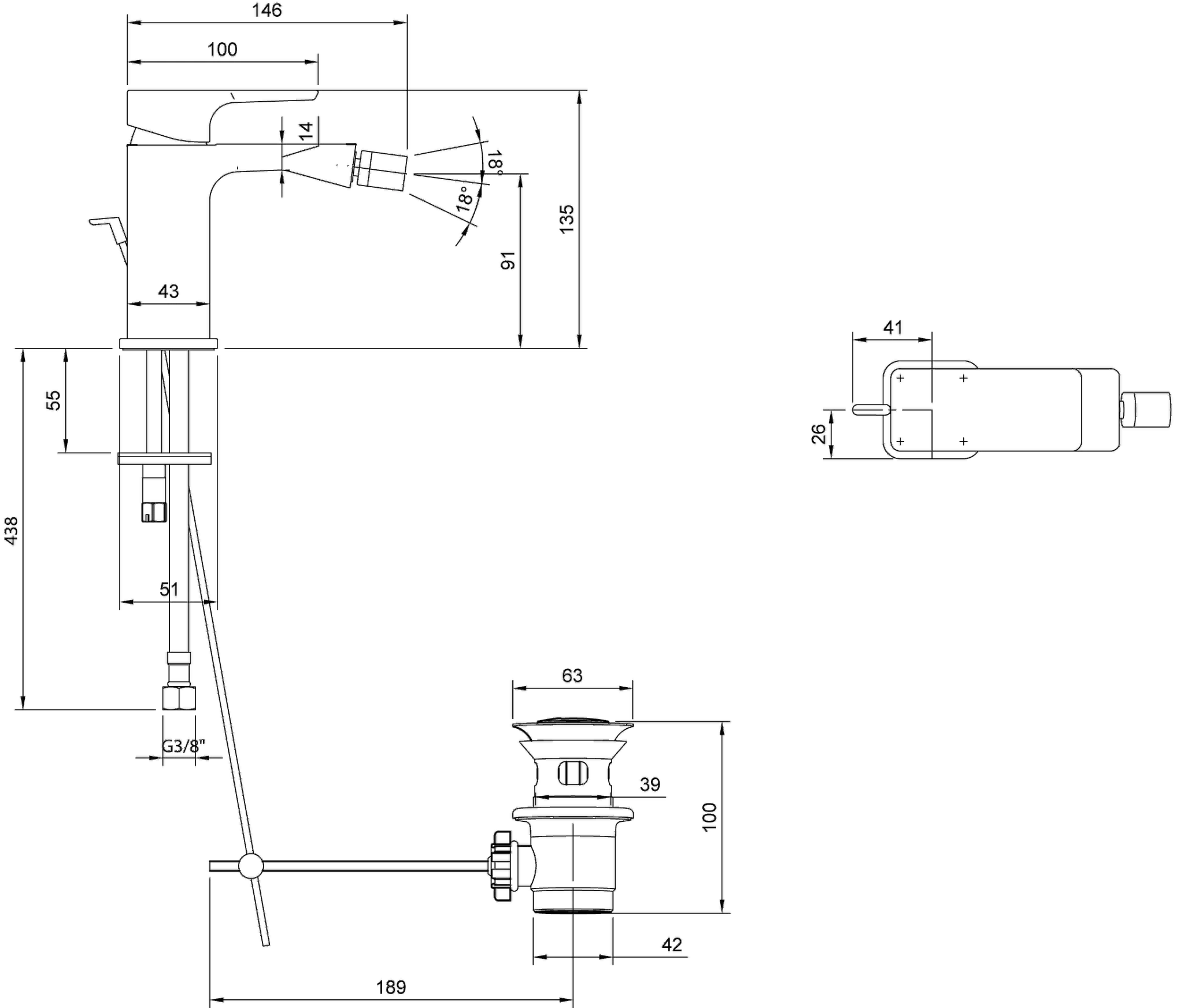 Einhebel-Bidetarmatur Subway 3.0 T112001000, 43 x 135 x 146 mm, Chrom