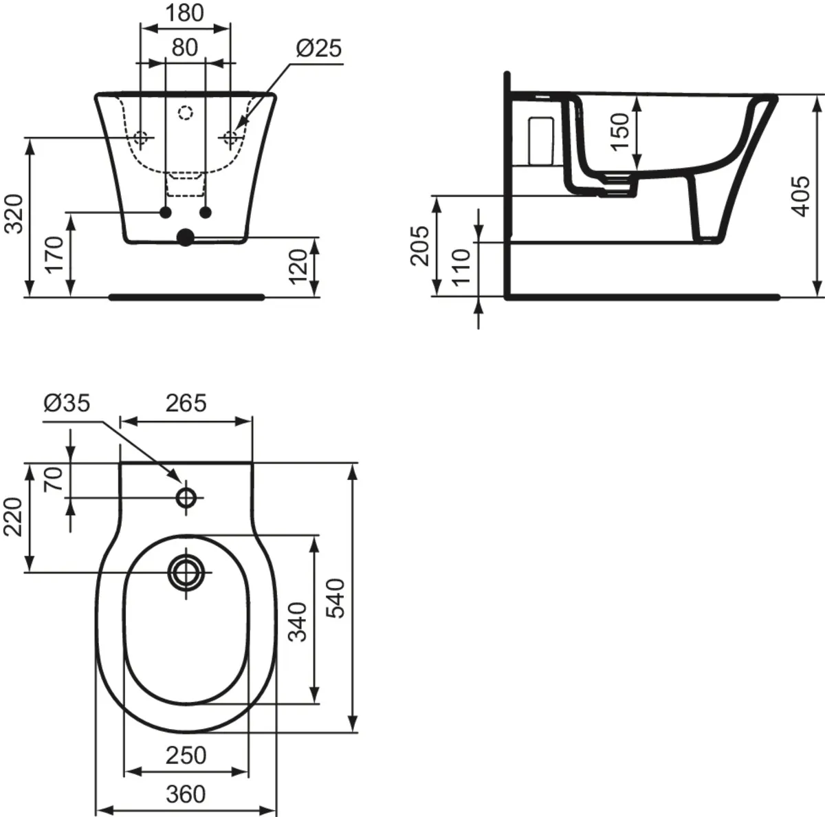 Ideal Standard Bidet „ConnectAir“, Befestigung verdeckt 36 × 54 × 29,5 cm