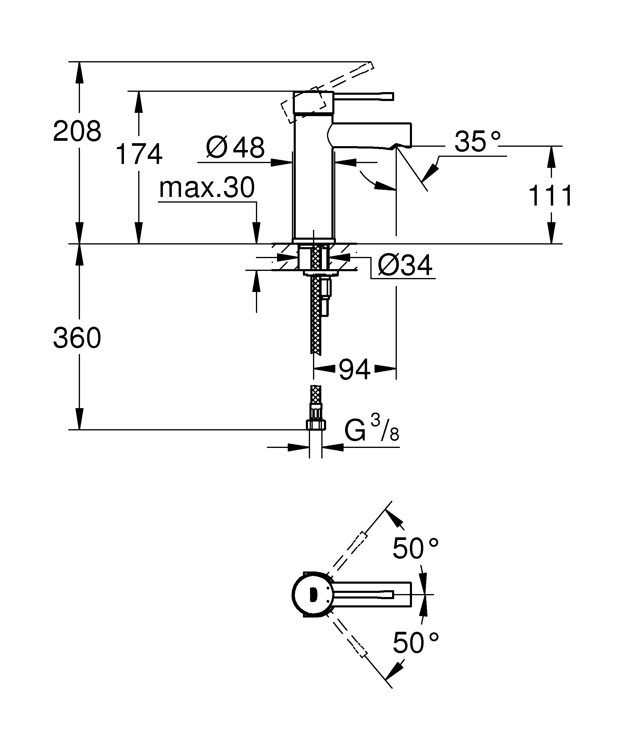 Einhand-Waschtischbatterie Essence 34813_1, S-Size, Einlochmontage, glatter Körper, Professional Edition, chrom