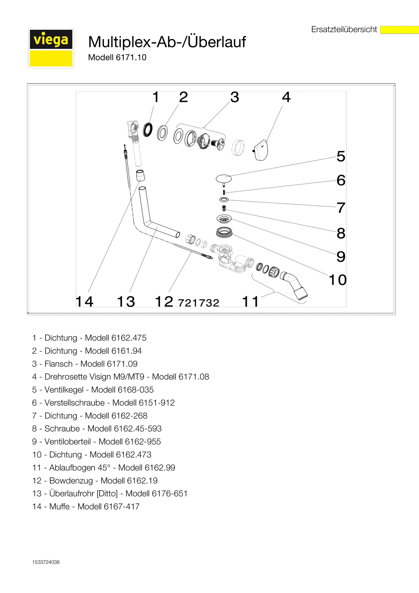 Viega Ab- und Überlaufgarnitur Modell 6171.10 „Multiplex“ 6171.10 in 560 mm × DN40 / 50 verchromt 9 cm