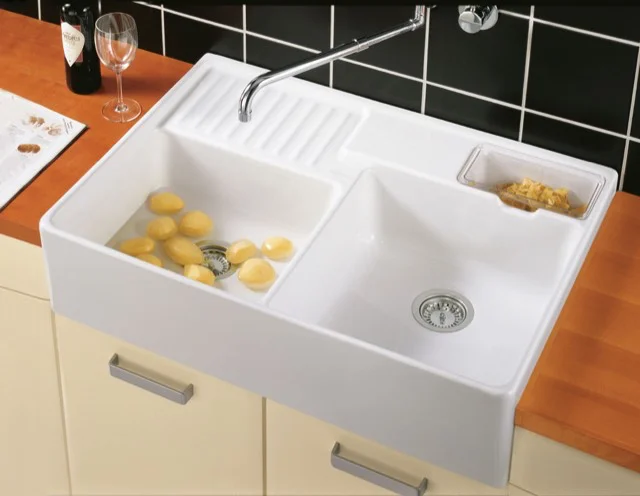 Villeroy & Boch Spülstein Doppelbecken 632391, 895 x 220 x 630 mm, inklusive Resteschale, Ablaufgarnitur mit Handbetätigung, Befestigungsset, aus Keramik, Snow White CeramicPlus