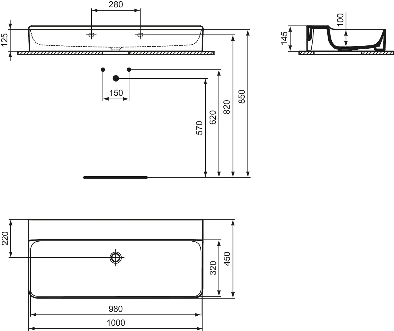 Waschbecken „Conca“ 100 × 45 × 14,5 cm in Weiß Waschbecken „Conca“ 100 × 45 × 14,5 cm in Weiß