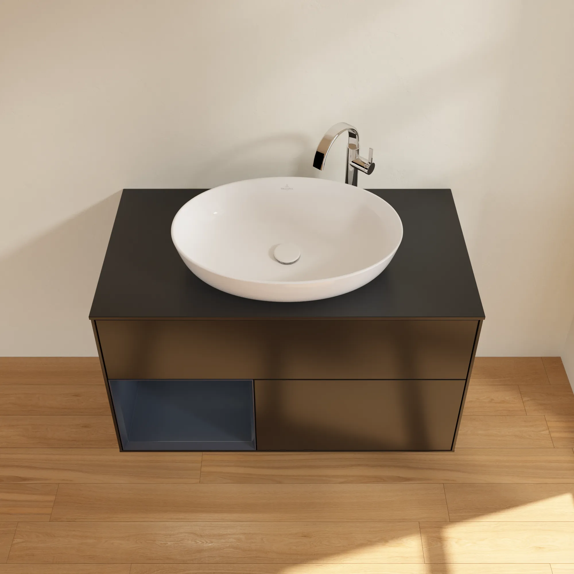 Villeroy & Boch Waschbeckenunterschrank Finion F89, 1000x603x501 mm, Black Matt Lacquer mit Midnight Blue Regal, Beleuchtung dimmbar, SoftClosing, Push-to-open, 2 Auszüge Villeroy & Boch Waschbeckenunterschrank Finion F89, 1000x603x501 mm, Black Matt Lacquer mit Midnight Blue Regal, Beleuchtung dimmbar, SoftClosing, Push-to-open, 2 Auszüge