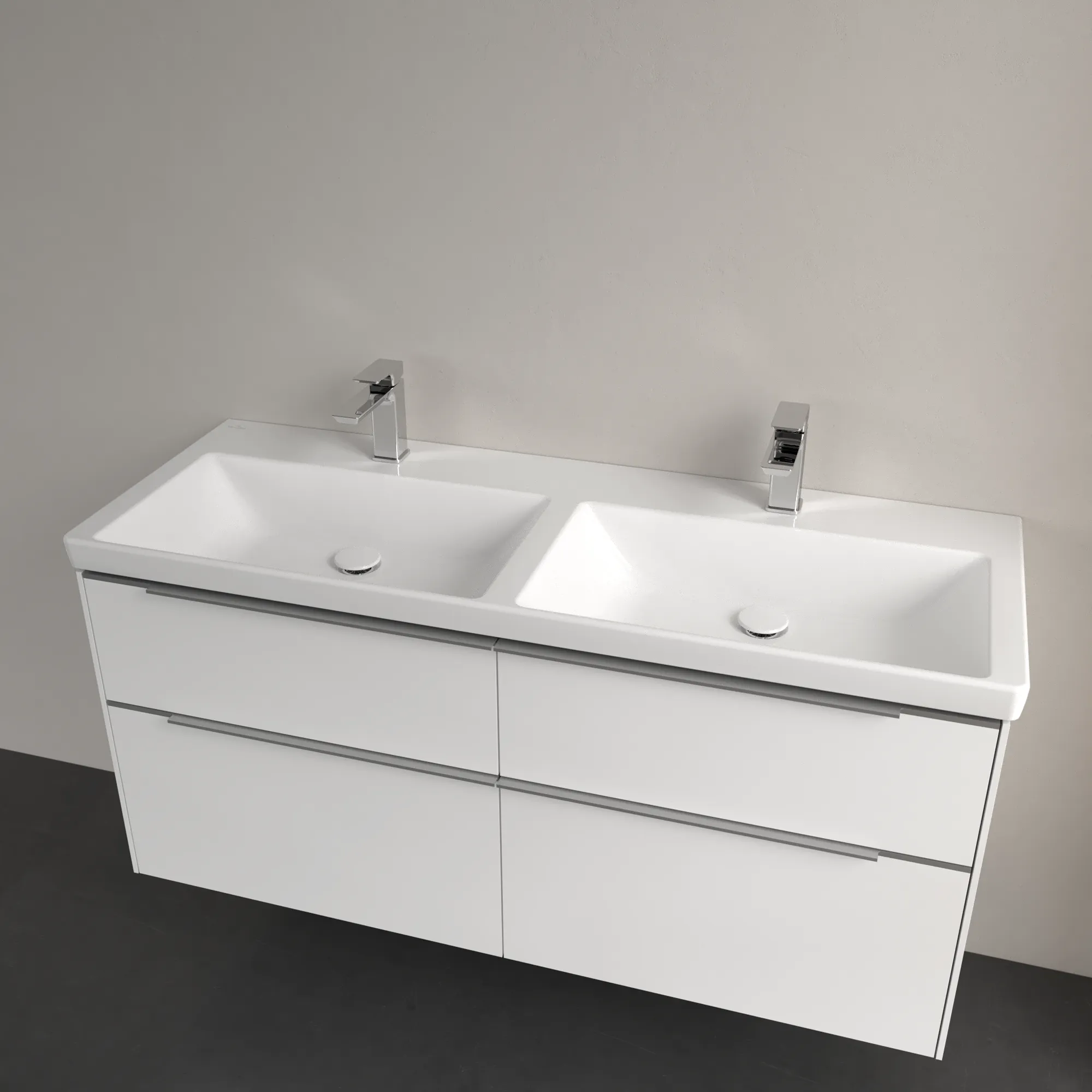 Villeroy & Boch Doppelwaschtisch aus TitanCeram „Subway 3.0“ 1300 × 475 × 165 mm, mit Hahnlochbohrung, Hahnlochposition links und rechts in Weiß Alpin Villeroy & Boch Doppelwaschtisch aus TitanCeram „Subway 3.0“ 1300 × 475 × 165 mm, mit Hahnlochbohrung, Hahnlochposition links und rechts in Weiß Alpin
