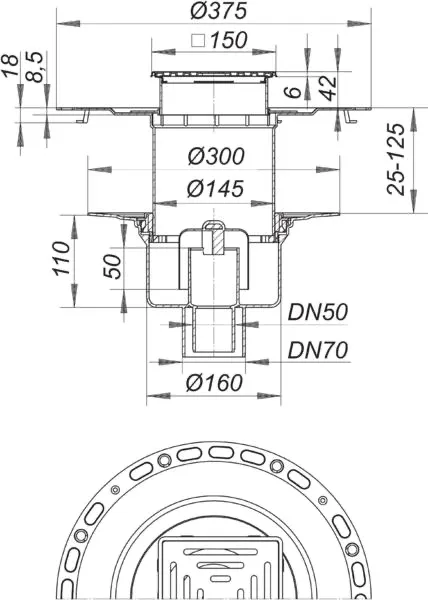 Dünnbett-Bodenablauf 61 HT/VC, DN 50/DN 70, 150 x 150 mm