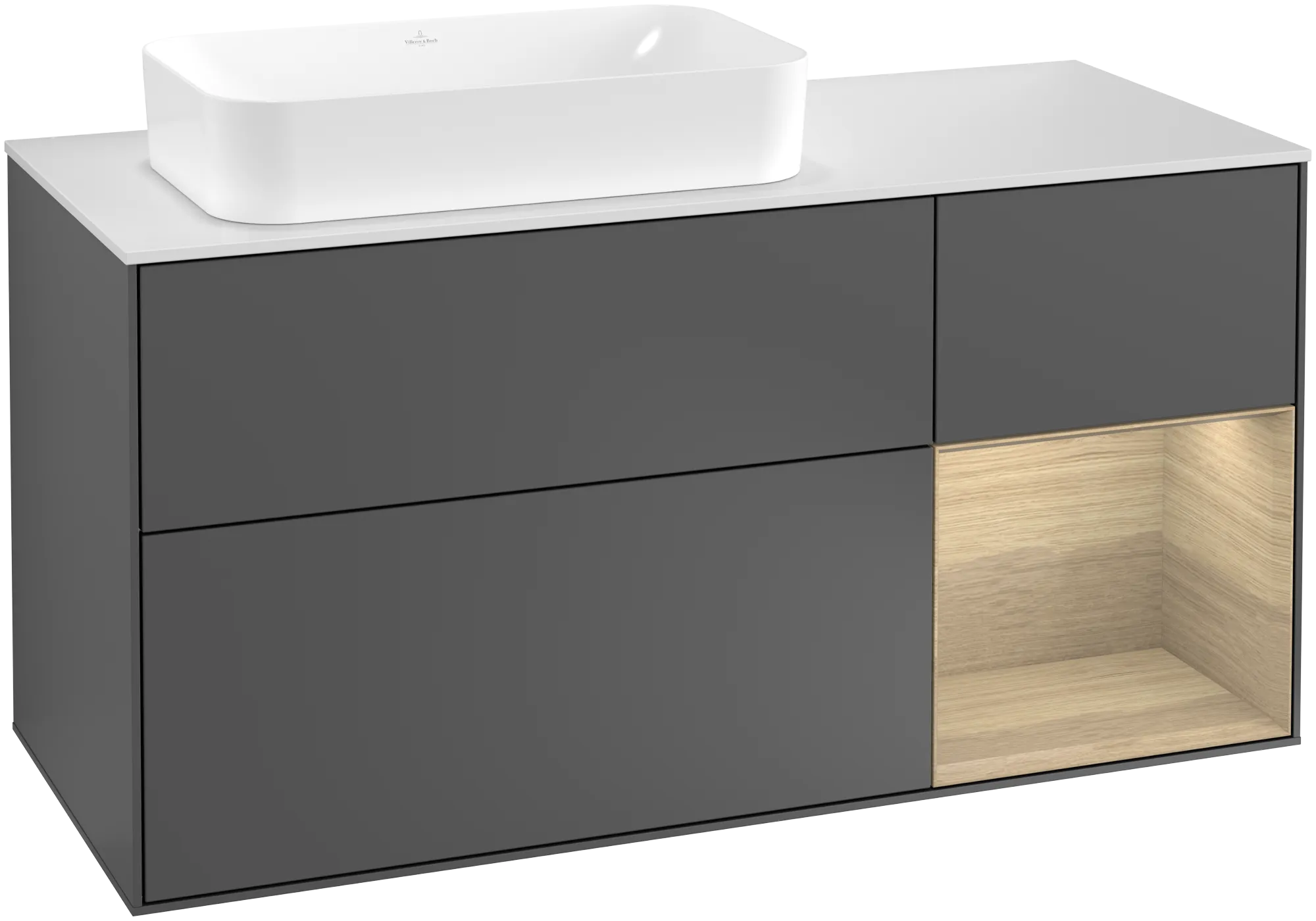 Villeroy & Boch Finion Waschbeckenunterschrank F28 1200x603x501mm Anthracite Matt Lacquer / Oak Veneer / Glass White Matt