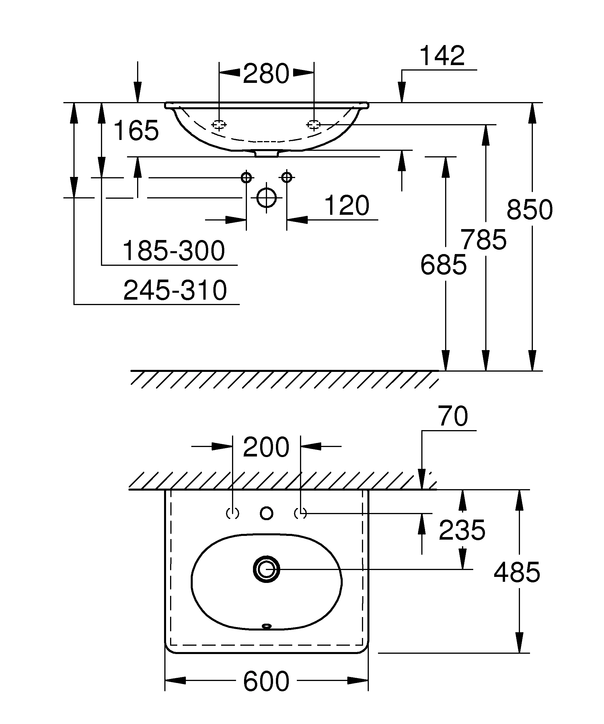 Waschtisch Essence 39565_H, 60 cm, wandhängend, 600 x 485 mm, 1 Hahnloch - 2 weitere vorgestochen, mit Überlauf auf der entgegengesetzten Seite zur Armatur, mit Überlauf, aus Sanitärkeramik, PureGuard Hygieneoberfläche, alpinweiß