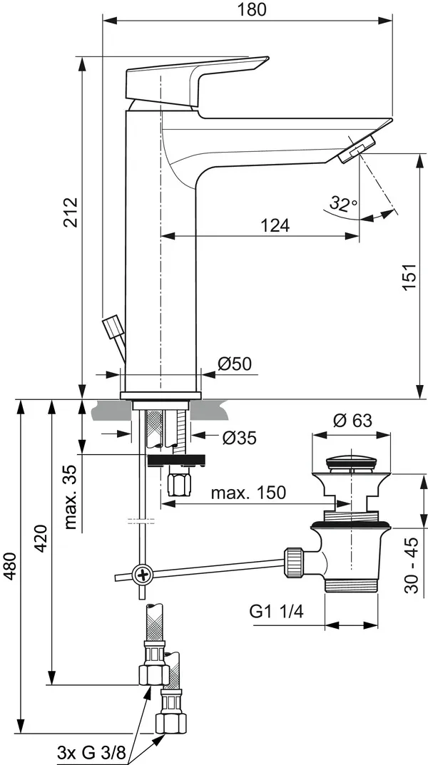 Einhand-Waschtischarmatur „Tesi“ Ausladung 124 mm