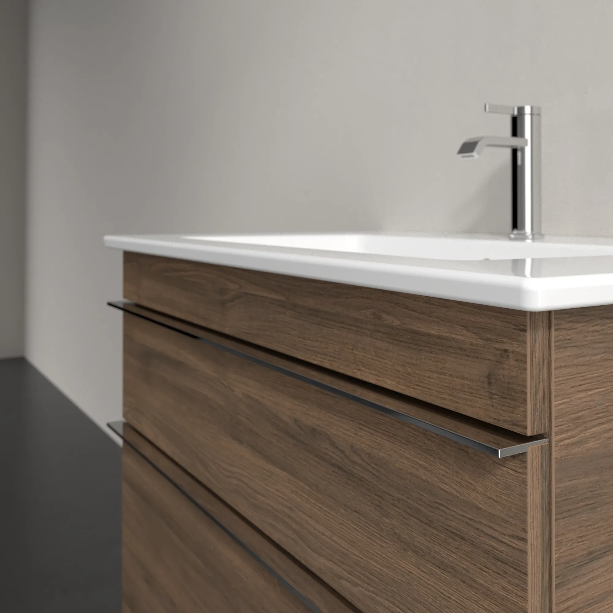 Villeroy & Boch Waschbeckenunterschrank Venticello, Arizona Oak, 753x590x502 mm, Eckig, mittige Wanneneinbauposition, 2 Auszüge mit SoftClosing, 1 Waschbecken