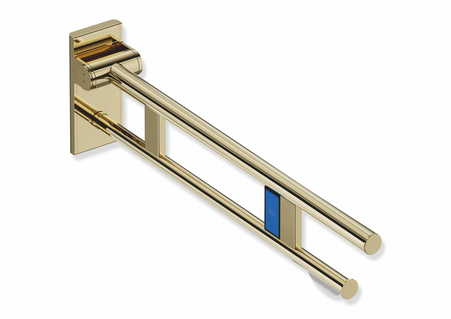 Mobiler Stützklappgriff Duo, Design A des Systems 900, Edelstahl, PVD, Ausladung 750 mm, mit WC-Papierhalter und Funk-Spülauslösung, Ausführung links, in Farbe CK (messing glänzend)