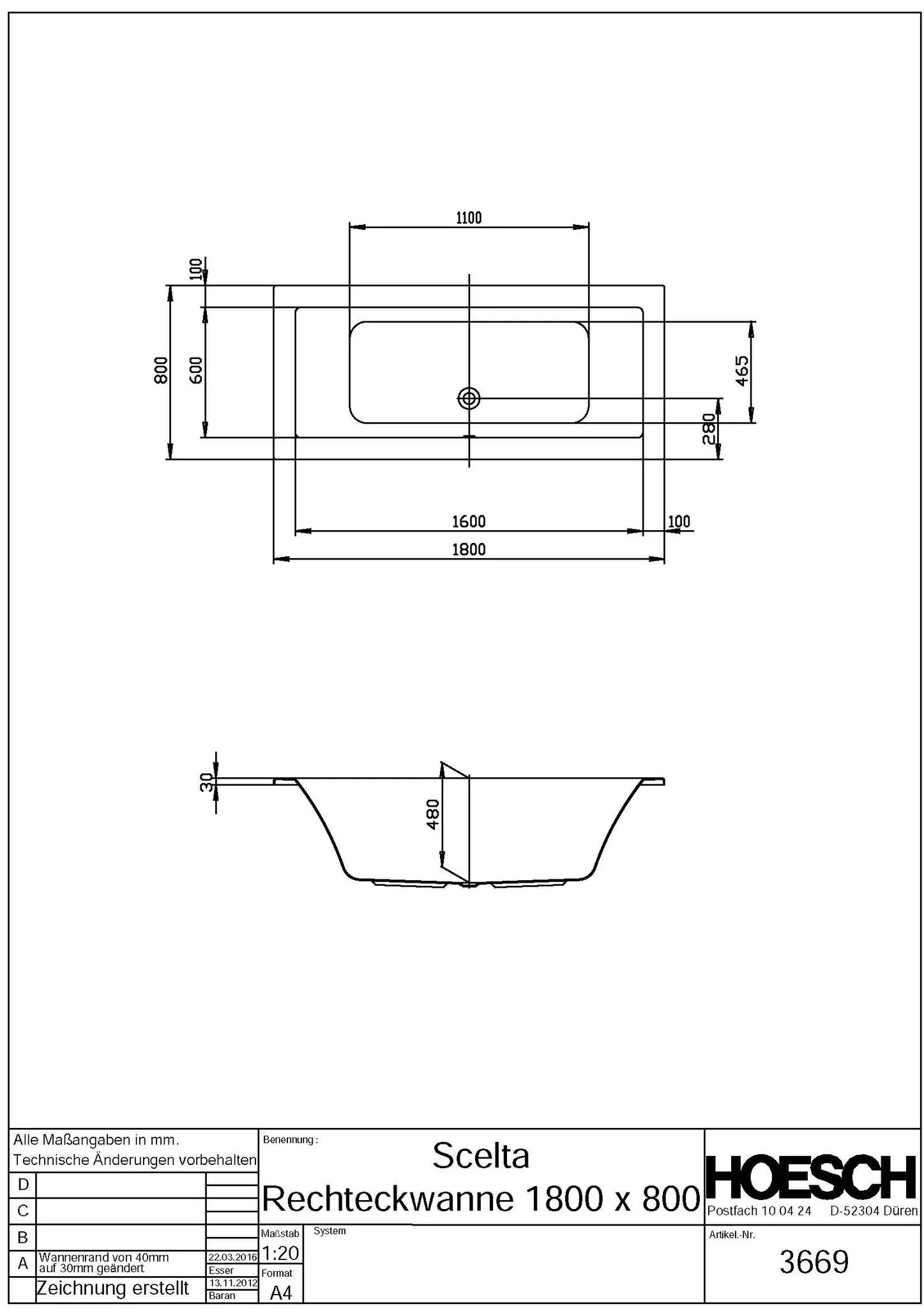 Hoesch Badewanne „Scelta“ rechteck 180 × 80 cm in Weiß