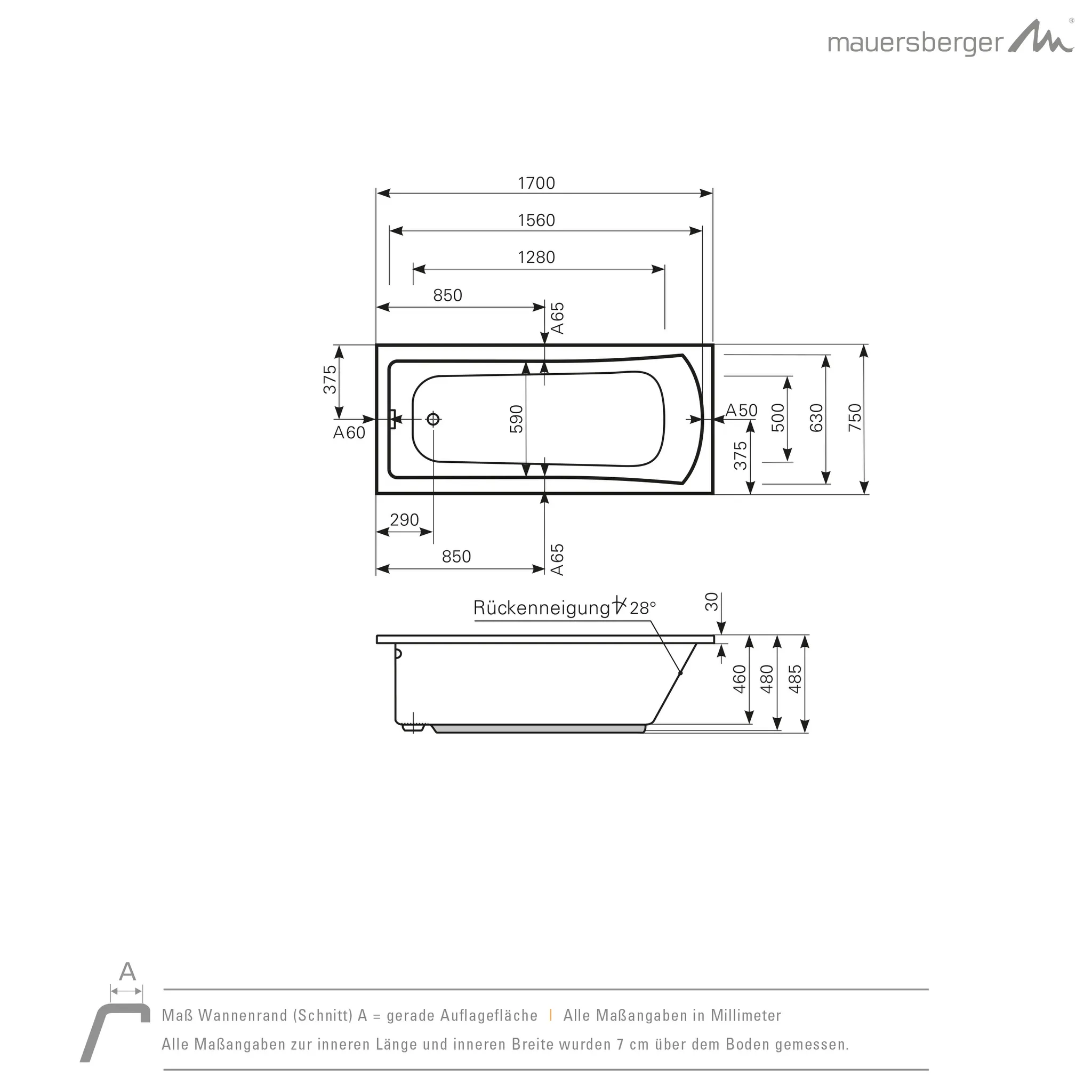 Mauersberger Acryl-Badewanne jucunda 170⁄75 uno 1700x750x485, Farbgruppe 2 Mauersberger Acryl-Badewanne jucunda 170⁄75 uno 1700x750x485, Farbgruppe 2