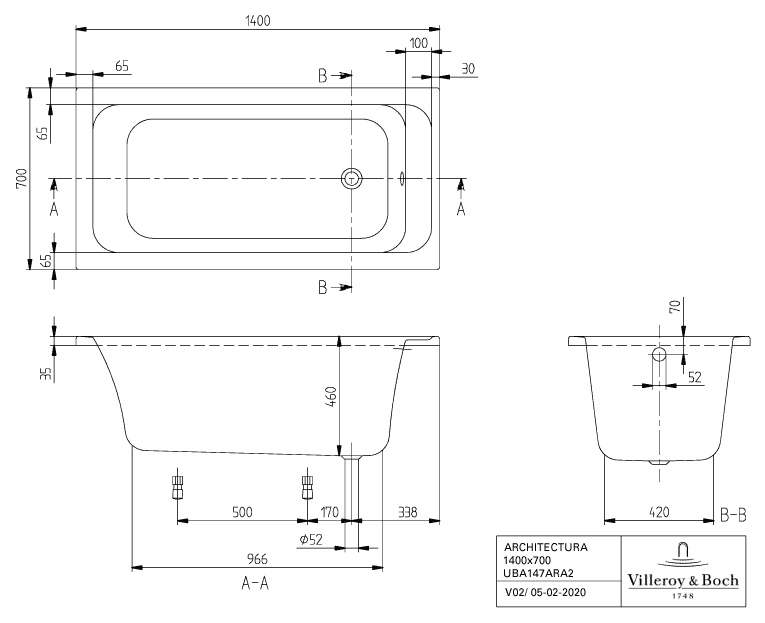 Villeroy & Boch Badewanne „Architectura“ rechteck 140 × 70 cm, rechteckig, Fußablauf 