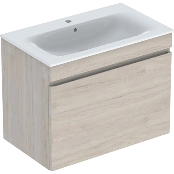 Geberit Renova Plan Möbelwaschtisch Set, schmaler Rand, Nussbaum hickory hell / strukturierte Folie, Waschtisch weiß / KeraTect, 80 cm Breite, 62,2 cm Höhe, 48 cm Tiefe