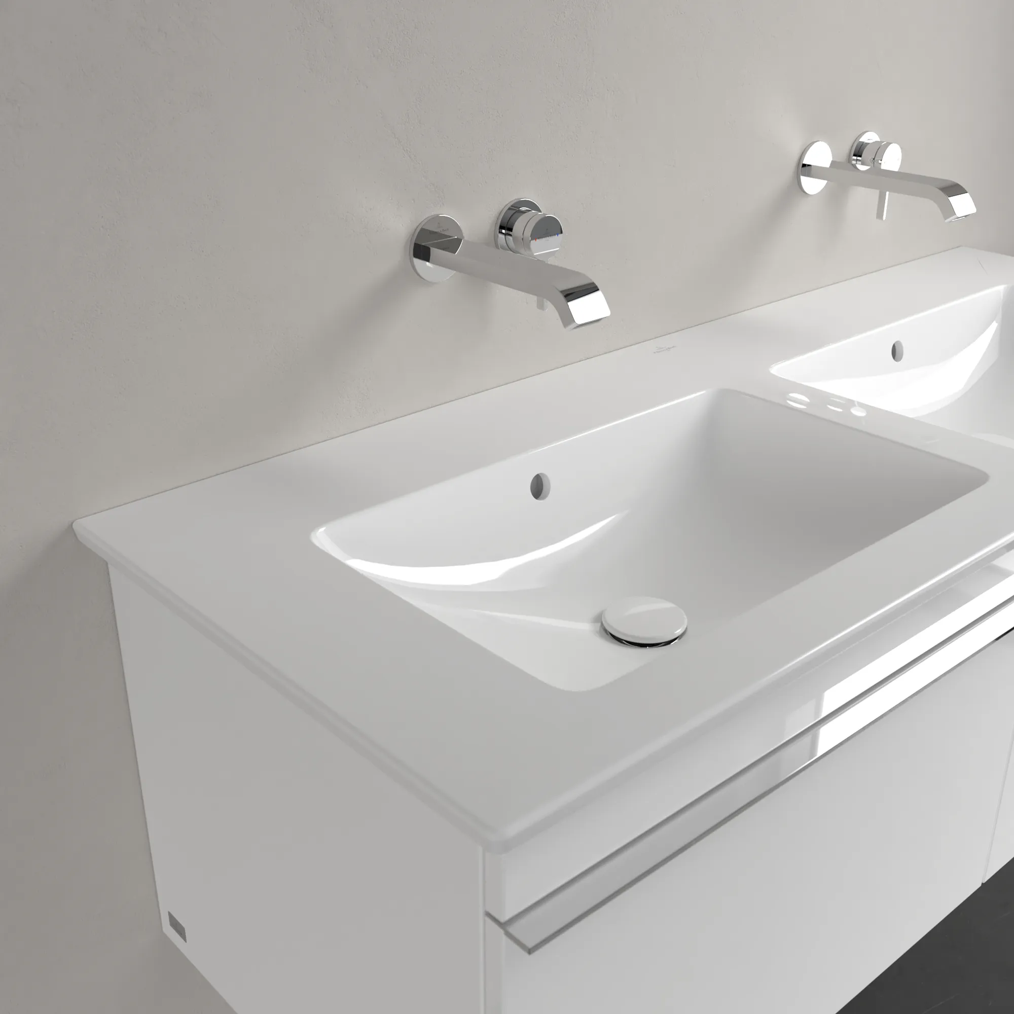 Villeroy & Boch Doppelwaschtisch „Venticello“ 1300 × 500 × 170 mm, für Becken mittig, ohne Hahnlochbohrung in Weiß Alpin Villeroy & Boch Doppelwaschtisch „Venticello“ 1300 × 500 × 170 mm, für Becken mittig, ohne Hahnlochbohrung in Weiß Alpin