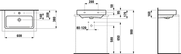 Aufsatzwaschtisch kompakt PRO S 380x600x175 1 Hahnloch mit Überlauf weiß