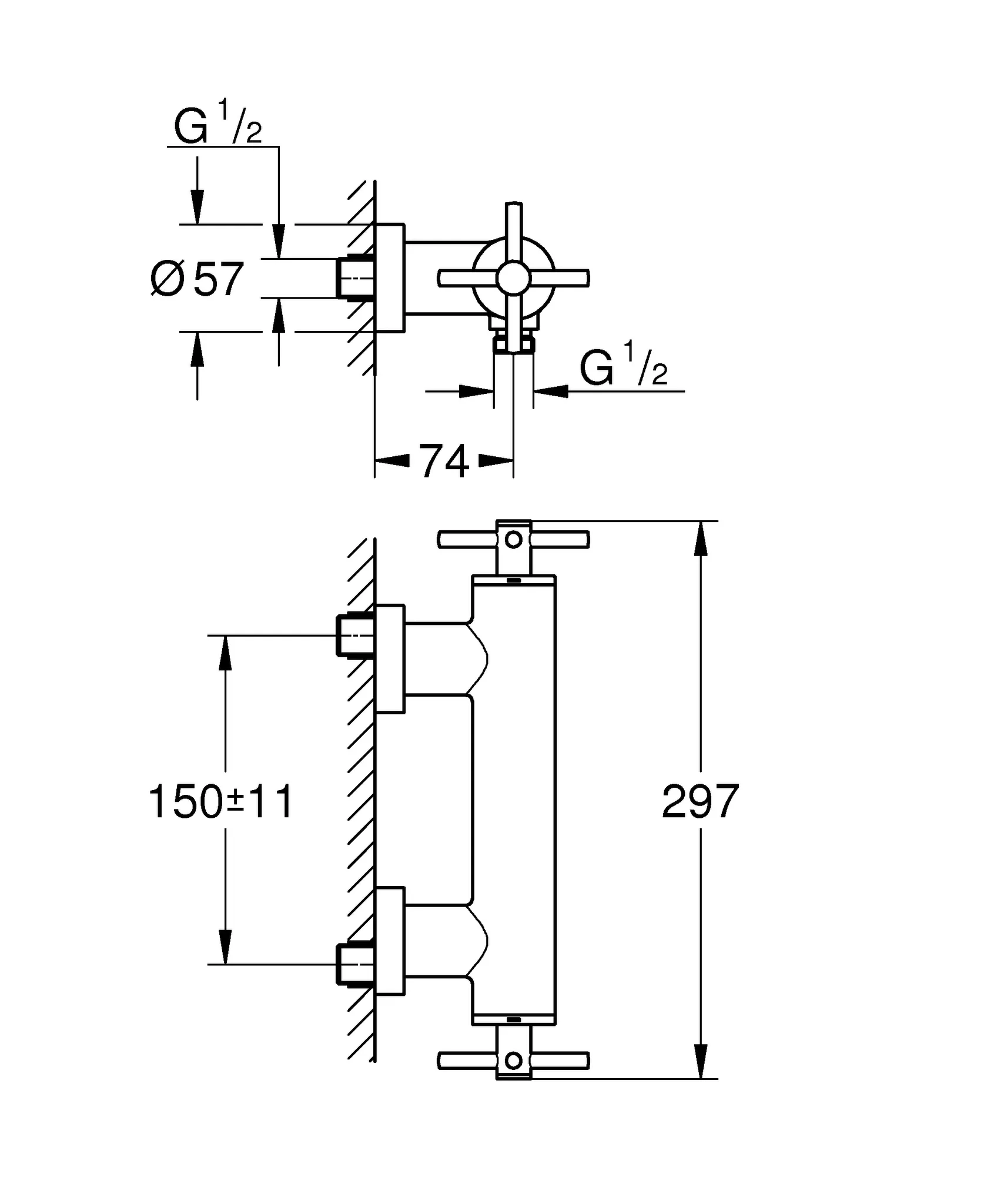 Brausebatterie Atrio 26895, Wandmontage, eigensicher, mit Kreuzgriffen, chrom