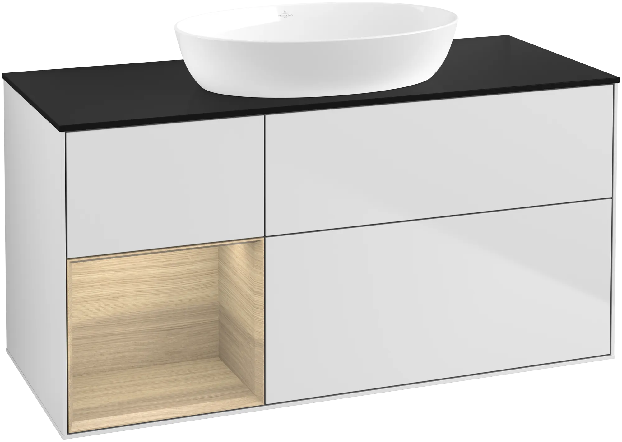 Villeroy & Boch Waschbeckenunterschrank Finion FA6, 1200x603x501mm, White Matt Lacquer / Oak Veneer / Glass Black Matt