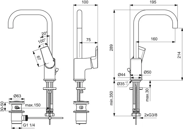 Waschtischarmatur Tesi, mit hohem Auslauf, 5 l/min., mit Ablaufgarnitur, Ausladung 160mm, Chrom