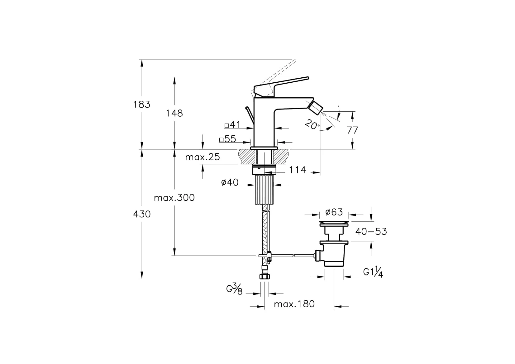Minimax Square Einhebel-Bidetmischer mit Ablaufgarnitur Höhe 15 cm Einlochmontage Chrom