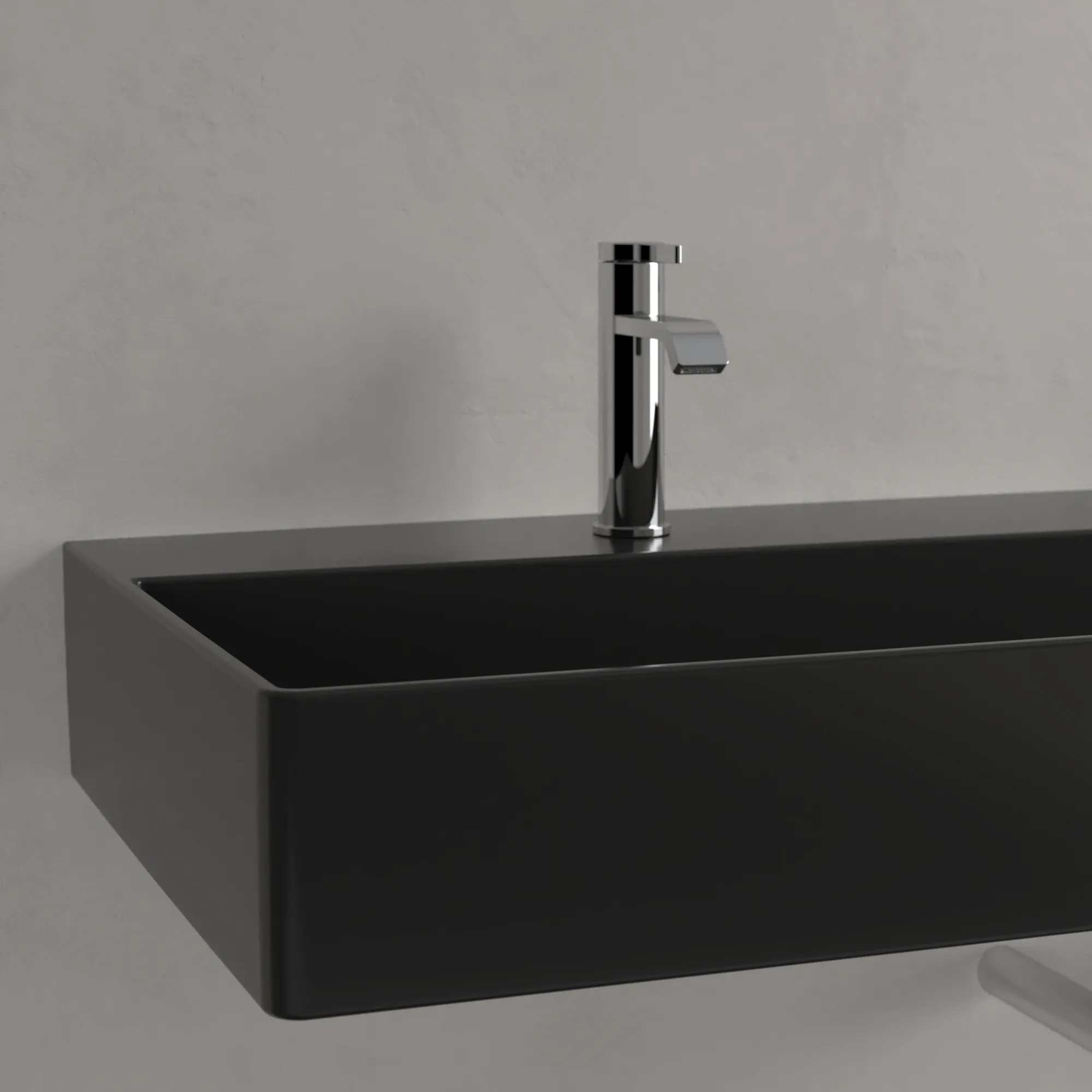 Villeroy & Boch Wandwaschtisch aus TitanCeram geschliffen „Memento 2.0“ 1200 × 470 × 150 mm, Hahnlochposition links und rechts, mit Hahnlochbohrung in Pure Black Villeroy & Boch Wandwaschtisch aus TitanCeram geschliffen „Memento 2.0“ 1200 × 470 × 150 mm, Hahnlochposition links und rechts, mit Hahnlochbohrung in Pure Black