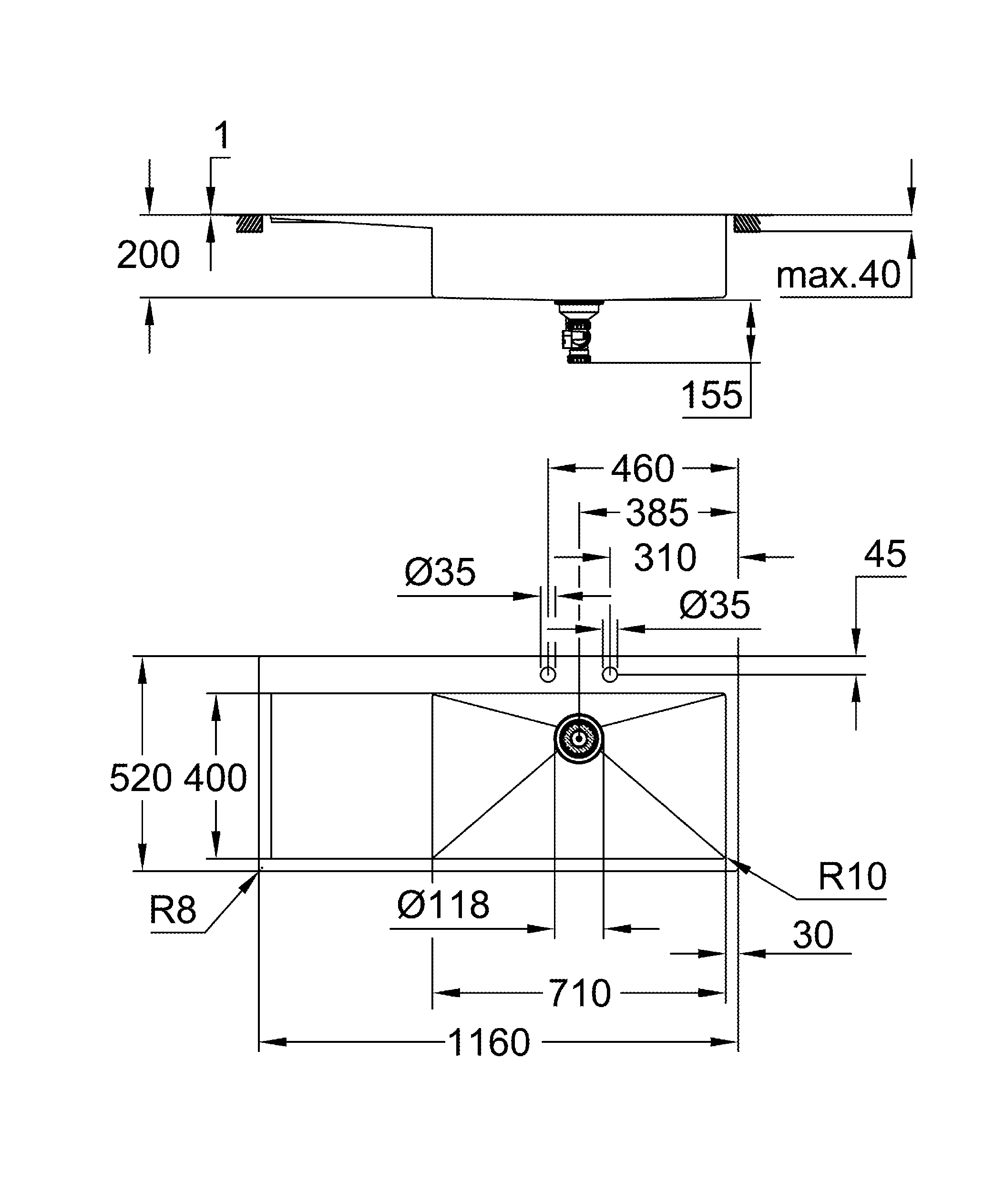 Edelstahlspüle K1000 31582_1, mit Abtropffläche, Modell: K1000 80-S 116/52 1.0 rh, Montageart: aufliegend oder flächenbündig, Maße: 1160 x 520 mm, 1 Becken: 710 x 400 mm, rechts einbaubar, edelstahl