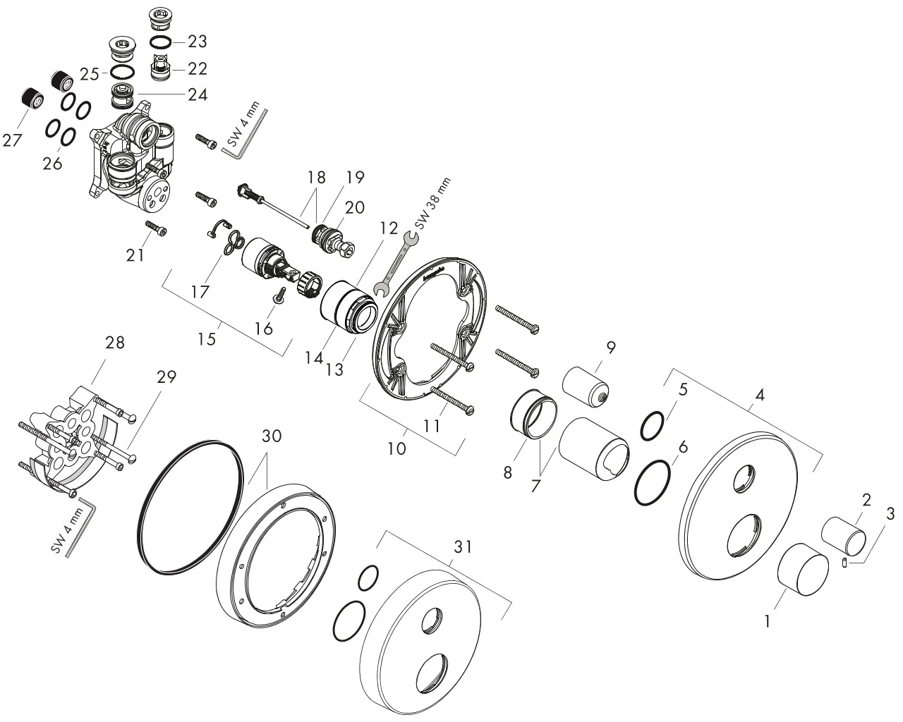 Wannenmischer Unterputz Axor Uno F-Set Zerogriff chr.m.Sicherungskombi.