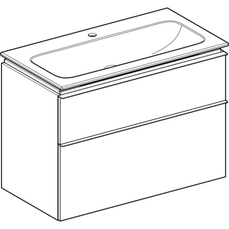 iCon Set Möbelwaschtisch schmaler Rand, mit Unterschrank, zwei Schubladen und Waschbeckenanschluss: B=90cm, H=63cm, T=48cm, weiß / KeraTect, Nussbaum hickory / Melamin Holzstruktur, lava / pulverbeschichtet matt