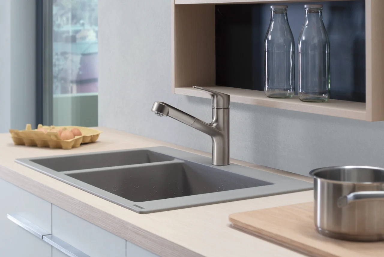 Hansgrohe Einbauspüle S51 Serie, Betongrau, 750 x 490 mm Ausschnitt, Aufbau, 80 cm Unterschrank, 1 Hauptbecken + 1 Zusatzbecken Hansgrohe Einbauspüle S51 Serie, Betongrau, 750 x 490 mm Ausschnitt, Aufbau, 80 cm Unterschrank, 1 Hauptbecken + 1 Zusatzbecken