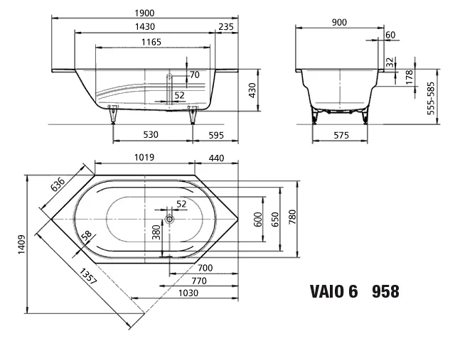 Kaldewei VAIO 6 Badewanne, 1900x900 mm, manhattan, Perl-Effekt, Antislip